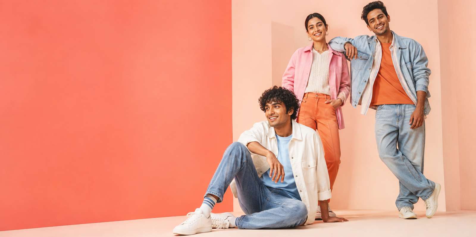 Three stylish young adults wearing colourful casual garments